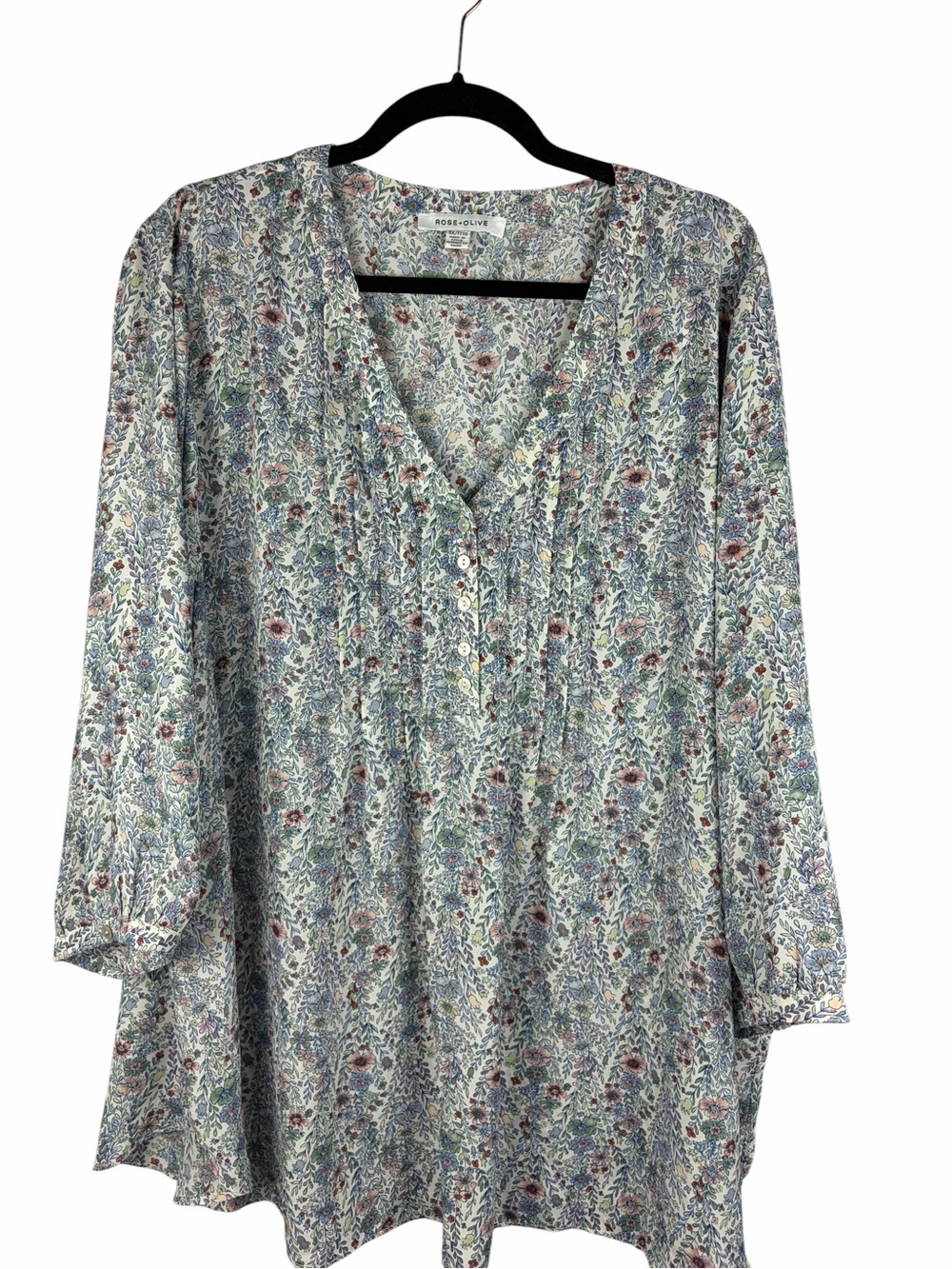 Rose + Olive Floral Boho Peasant Tunic Blouse 3X Pastel Long Sleeve Flowy